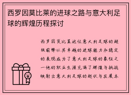 西罗因莫比莱的进球之路与意大利足球的辉煌历程探讨