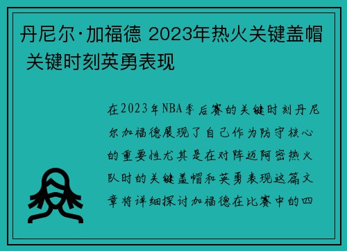 丹尼尔·加福德 2023年热火关键盖帽 关键时刻英勇表现